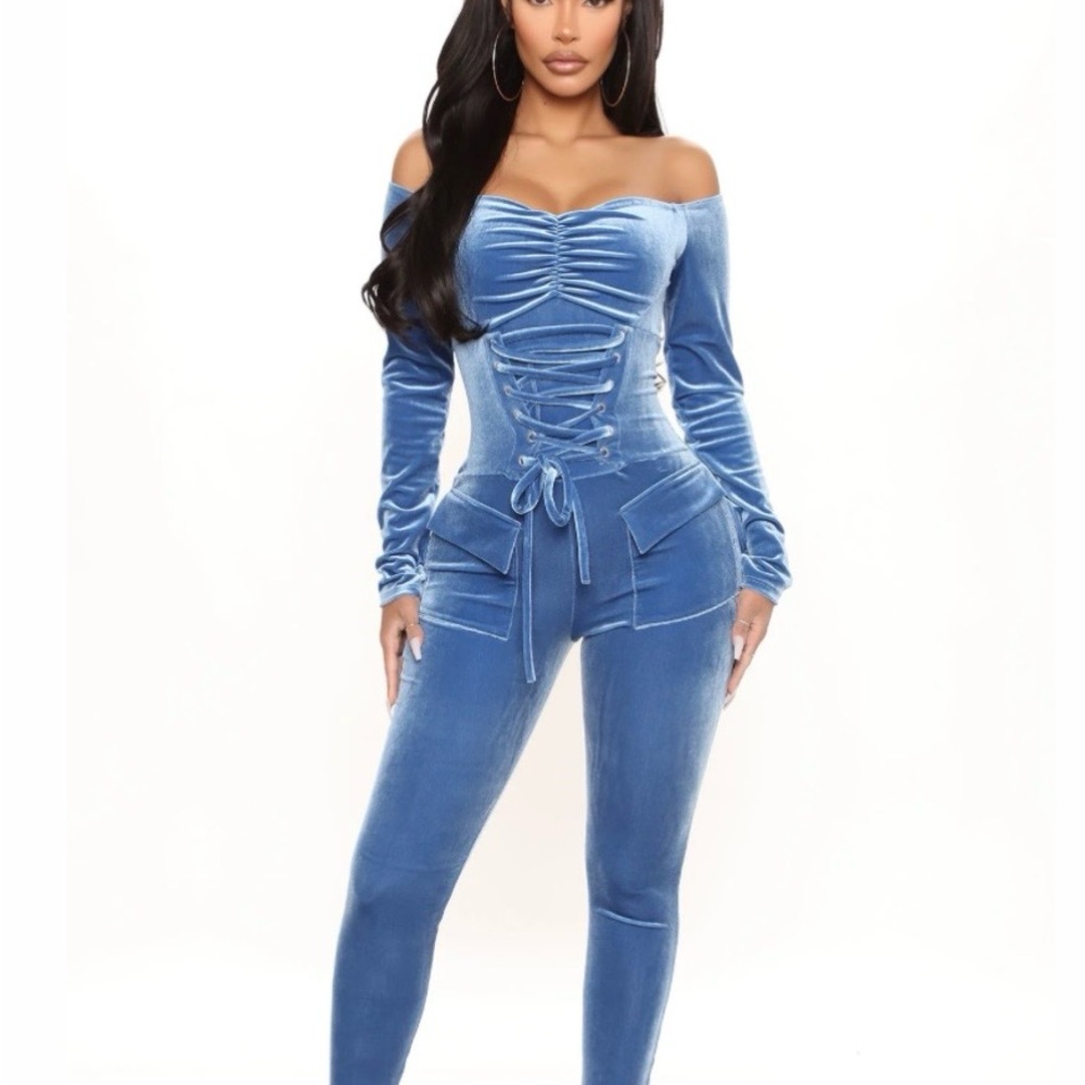 Fashion Nova Blue Velvet Off-Shoulder Jumpsuit